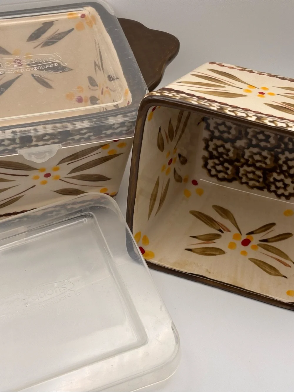 Set of 2 Temptations Ovenware Square Ramekins with Lids in Old World Brown